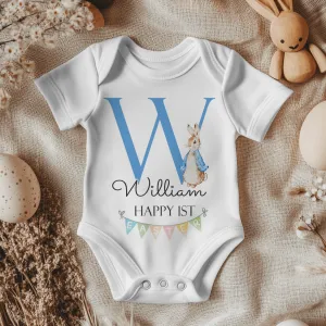 Personalised Name Initial Happy 1st Easter (Boy) Peter Rabbit Inspired Baby Bodysuit