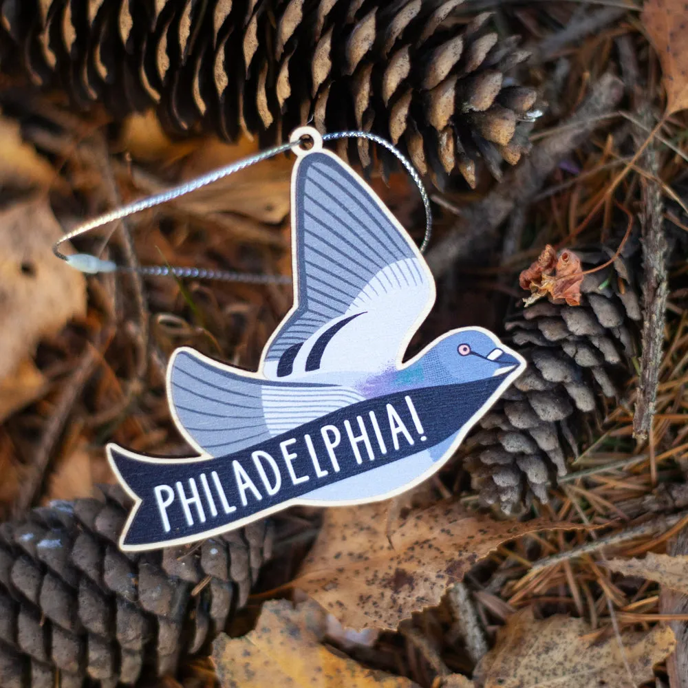 Philadelphia Christmas ornament, Philadelphia pigeon holiday ornament, city pigeon tree ornament, wooden philadelphia christmas ornament