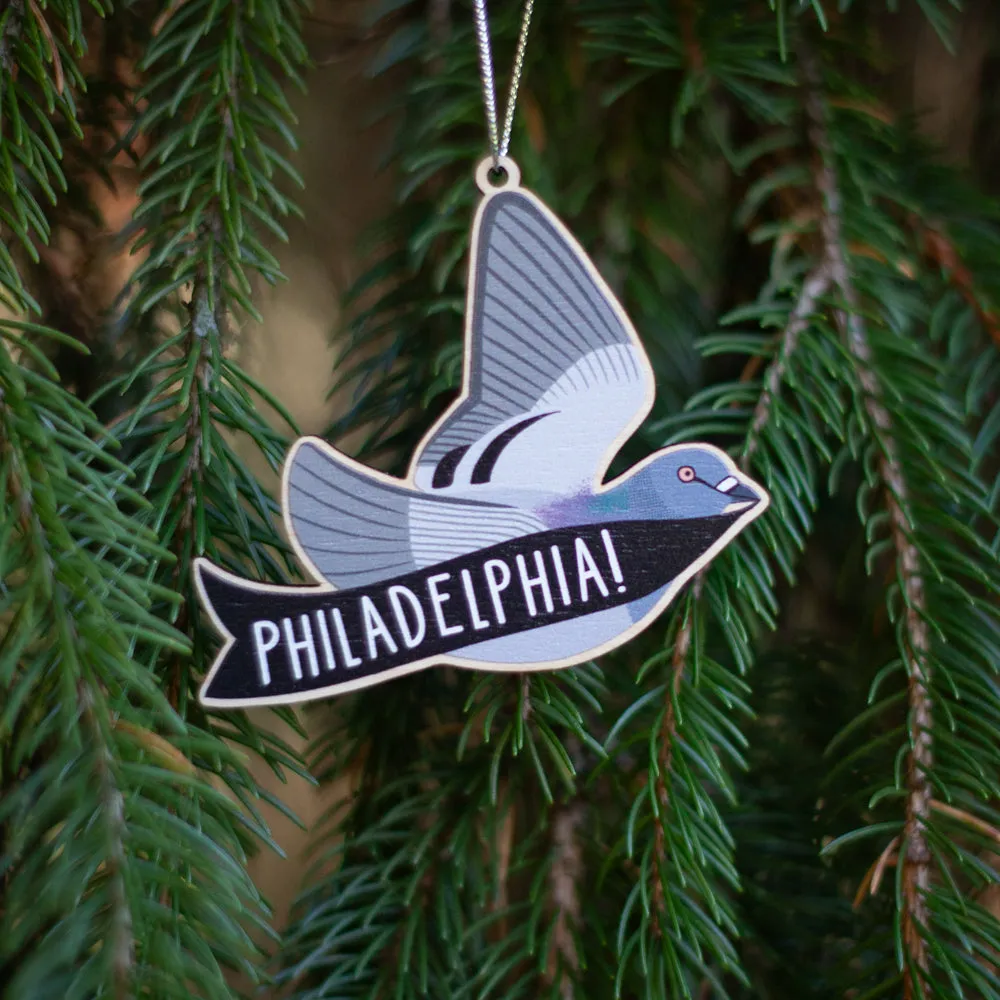 Philadelphia Christmas ornament, Philadelphia pigeon holiday ornament, city pigeon tree ornament, wooden philadelphia christmas ornament