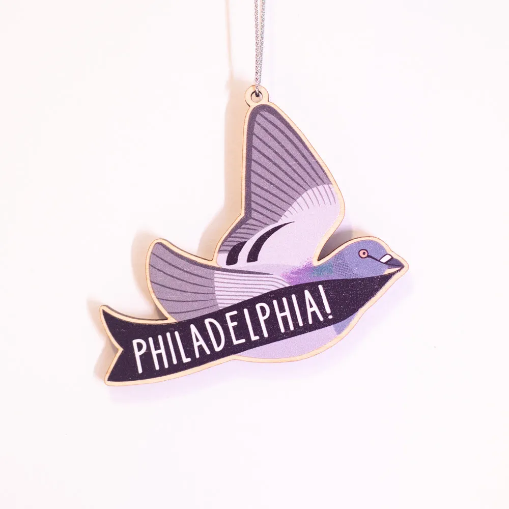 Philadelphia Christmas ornament, Philadelphia pigeon holiday ornament, city pigeon tree ornament, wooden philadelphia christmas ornament