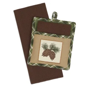 Pinecone Sprig Plaid Kitchen Hand Towel & Potholder Gift Set