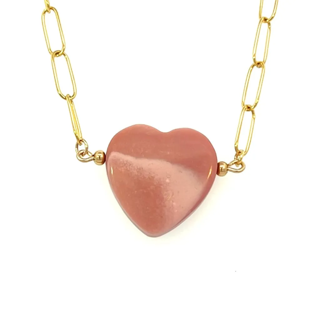 Pink Opal Heart Pendant On Paperclip Chain Necklace 14k GF Gold