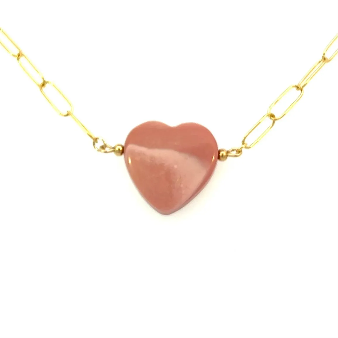 Pink Opal Heart Pendant On Paperclip Chain Necklace 14k GF Gold