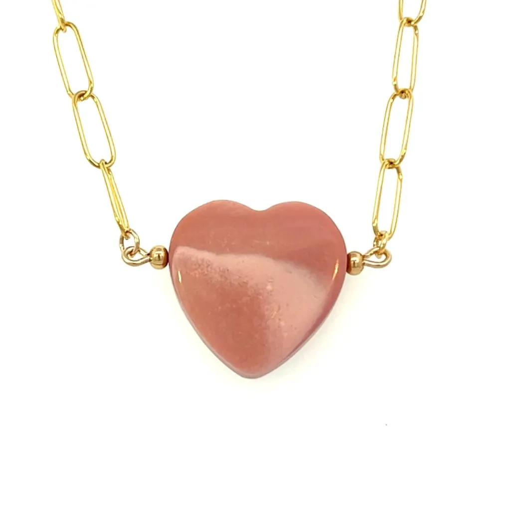 Pink Opal Heart Pendant On Paperclip Chain Necklace 14k GF Gold
