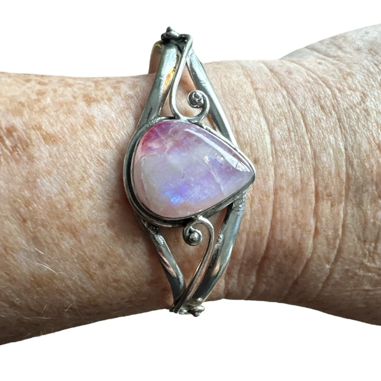 Pink Rainbow Moonstone Solid 925 Sterling Silver Cuff Bracelet