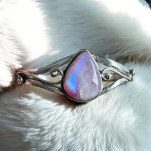 Pink Rainbow Moonstone Solid 925 Sterling Silver Cuff Bracelet