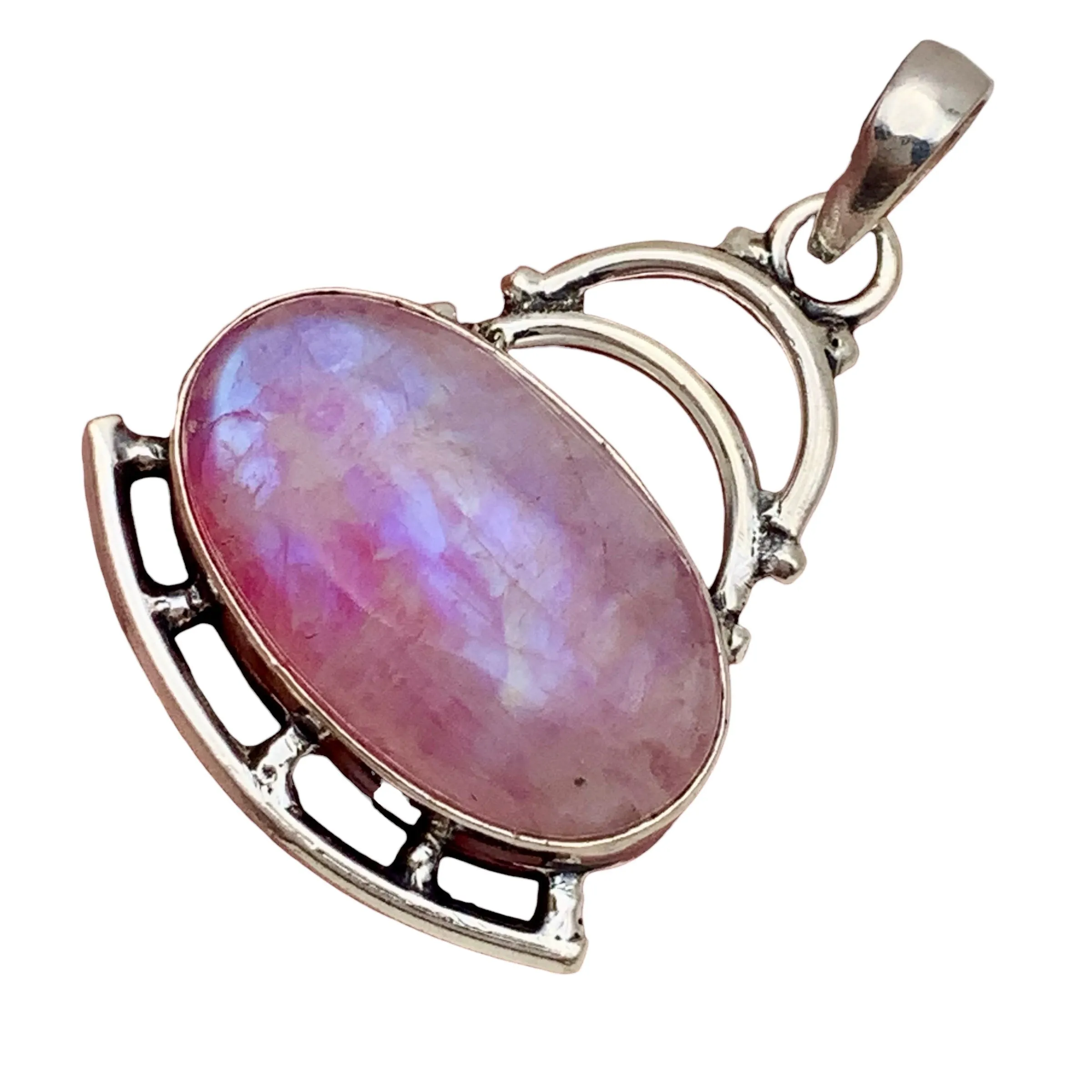 Pink Rainbow Moonstone Solid 925 Sterling Silver Pendant
