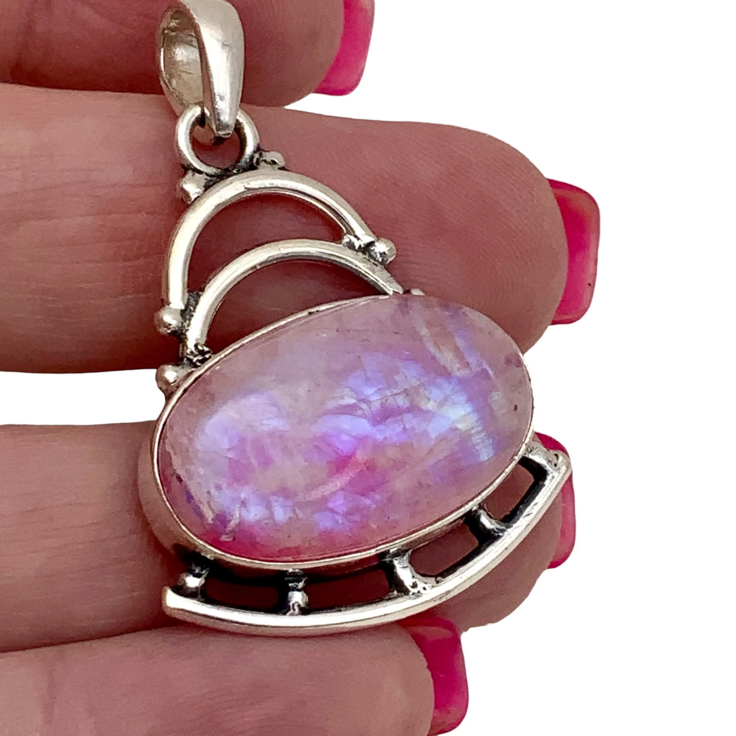 Pink Rainbow Moonstone Solid 925 Sterling Silver Pendant