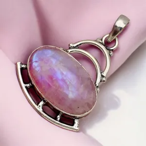 Pink Rainbow Moonstone Solid 925 Sterling Silver Pendant