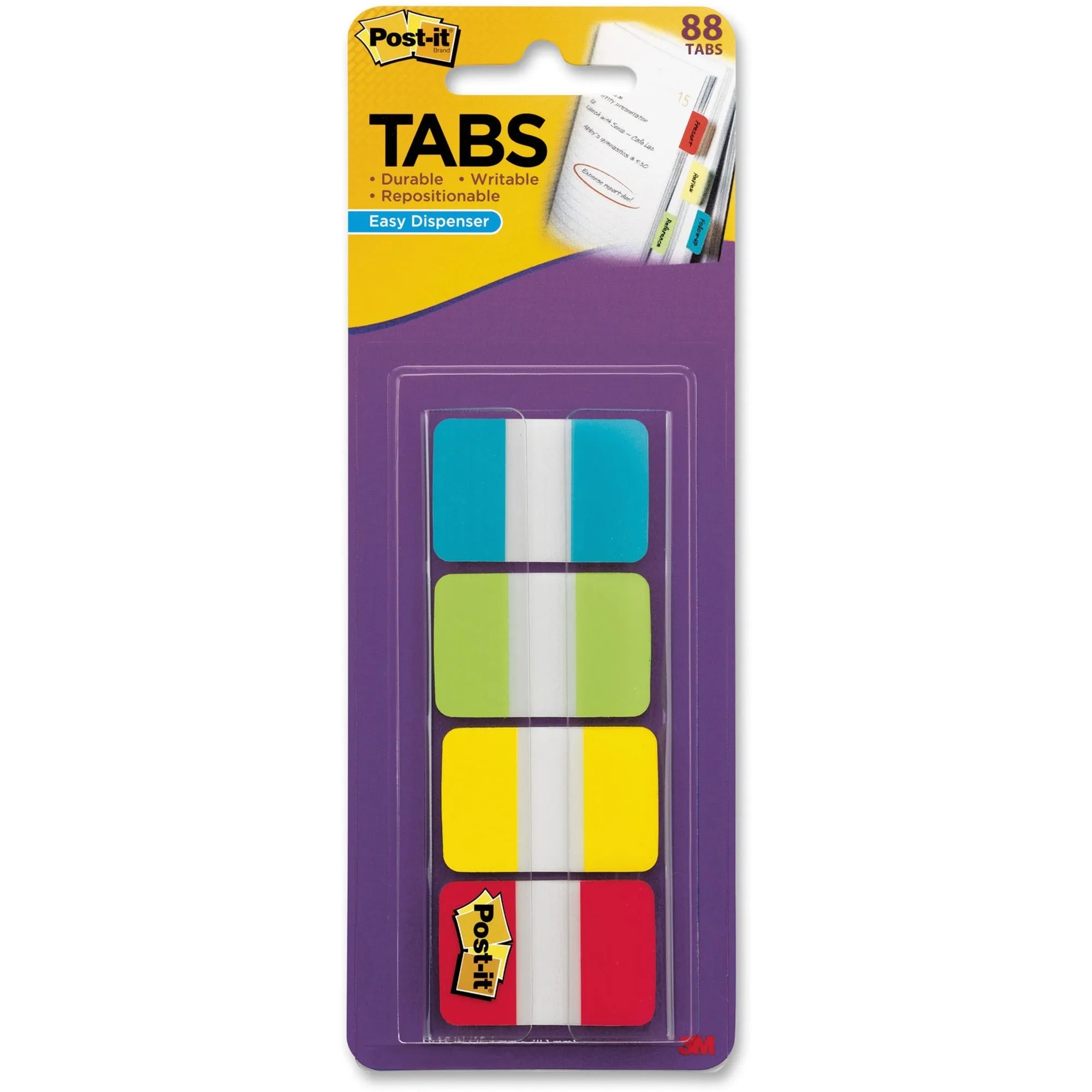 Post-it® Tabs, 1" x 1.5", Aqua/Lime/Yellow/Red
