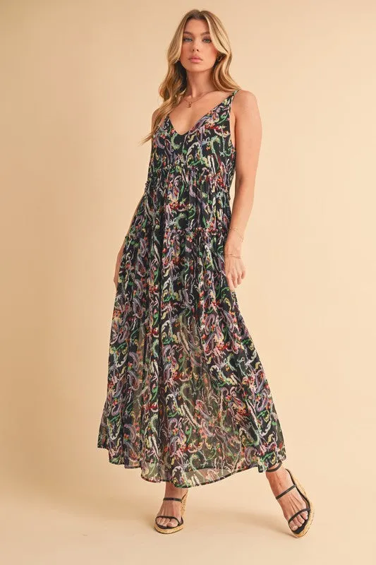 Printed V-Neck Frill Tiered Cami Dress