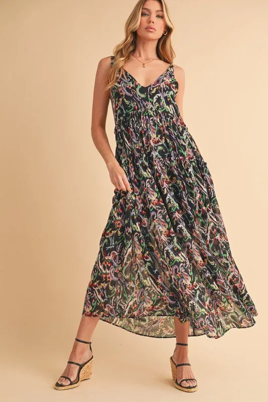 Printed V-Neck Frill Tiered Cami Dress