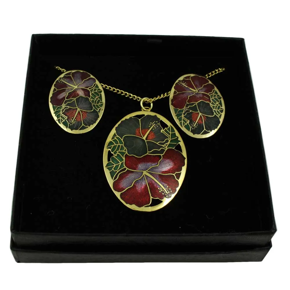 Red and Gray Hibiscus Cloisonne Necklace and Earring Set - CP90NBS