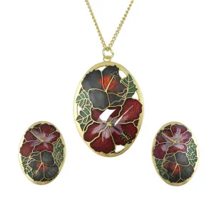 Red and Gray Hibiscus Cloisonne Necklace and Earring Set - CP90NBS