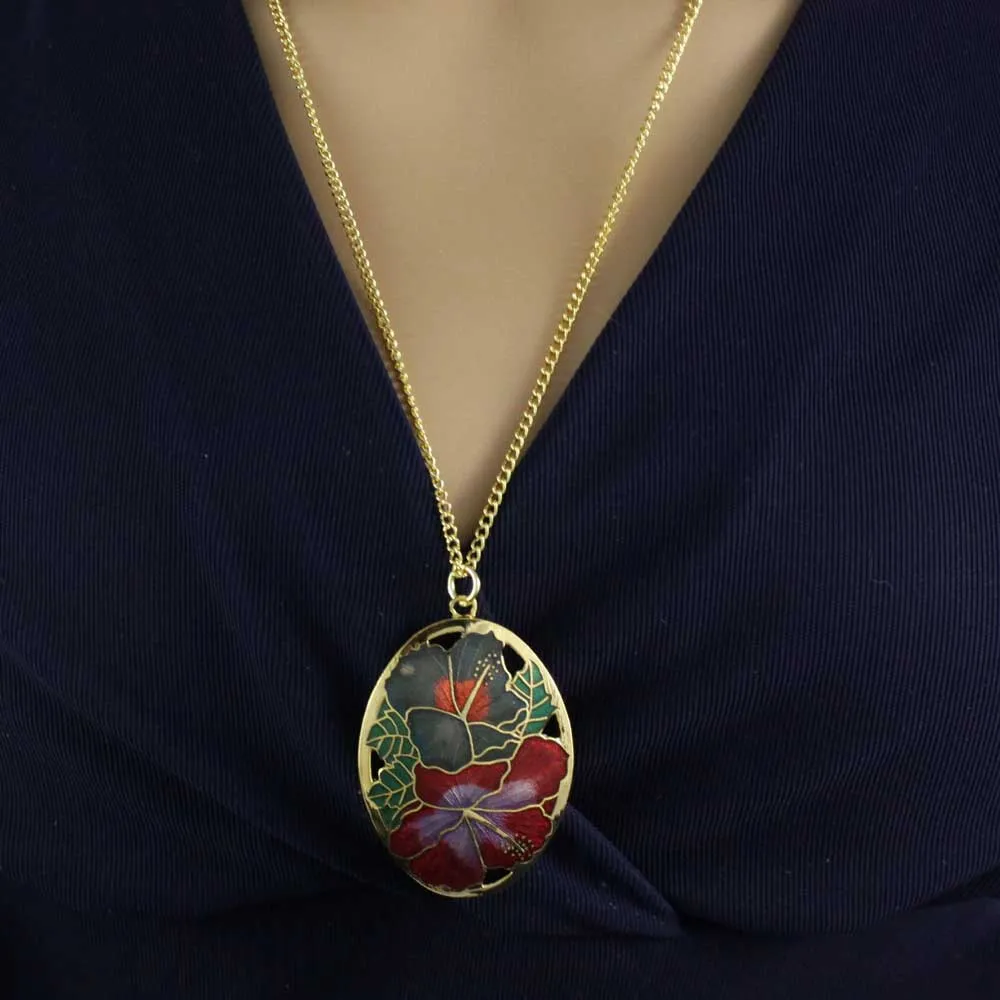 Red and Gray Hibiscus Cloisonne Necklace and Earring Set - CP90NBS