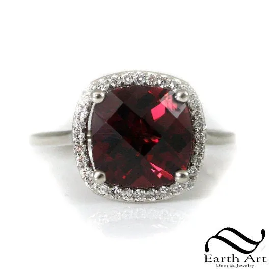 Rhodolite Garnet halo Ring with diamonds in 14k or 10k