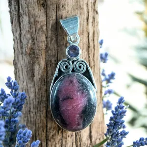 Rhodonite & Amethyst Solid 925 Sterling Silver Pendant