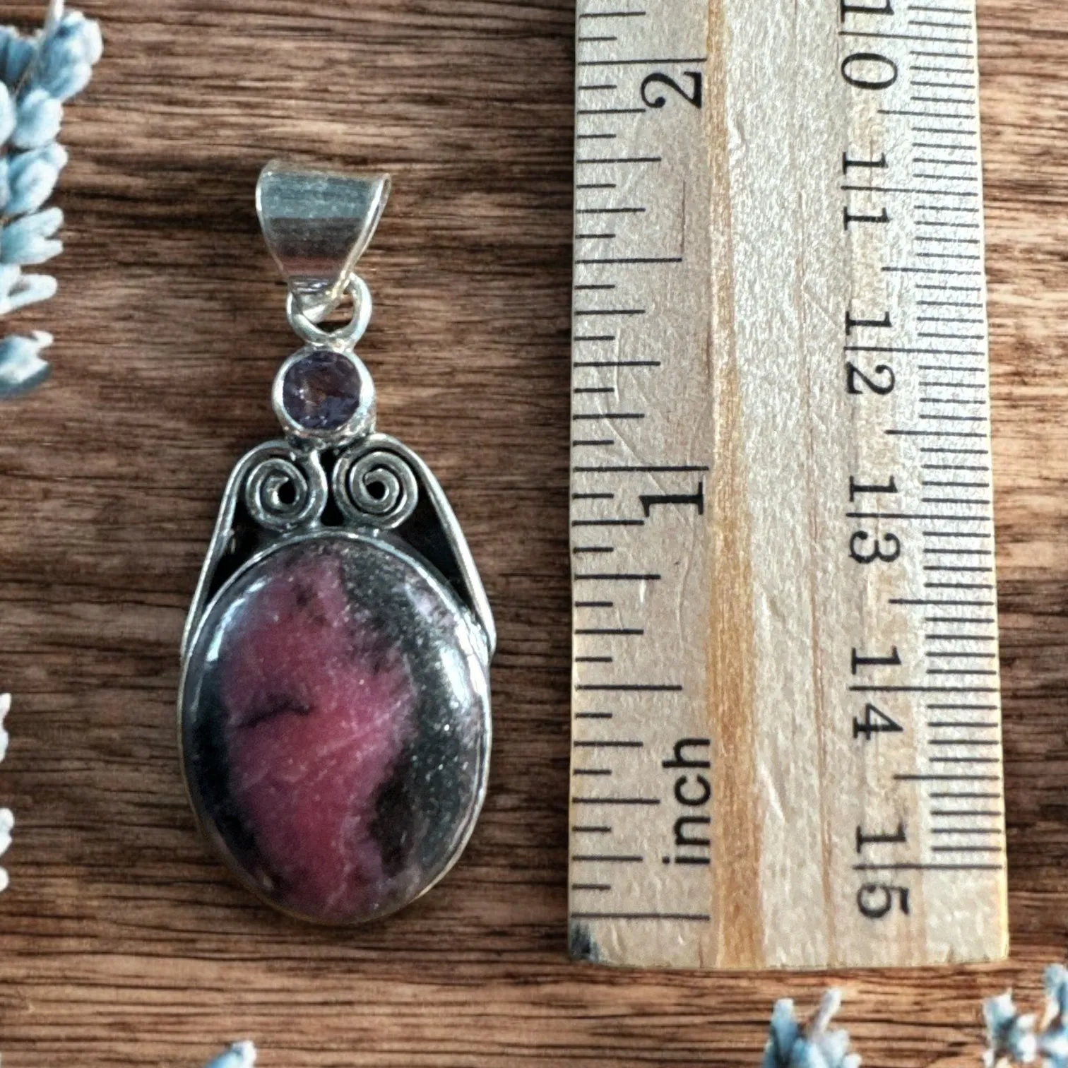 Rhodonite & Amethyst Solid 925 Sterling Silver Pendant