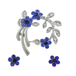 Royal Blue Crystal Daisies Brooch Pin with Earring Set - PRL123BS