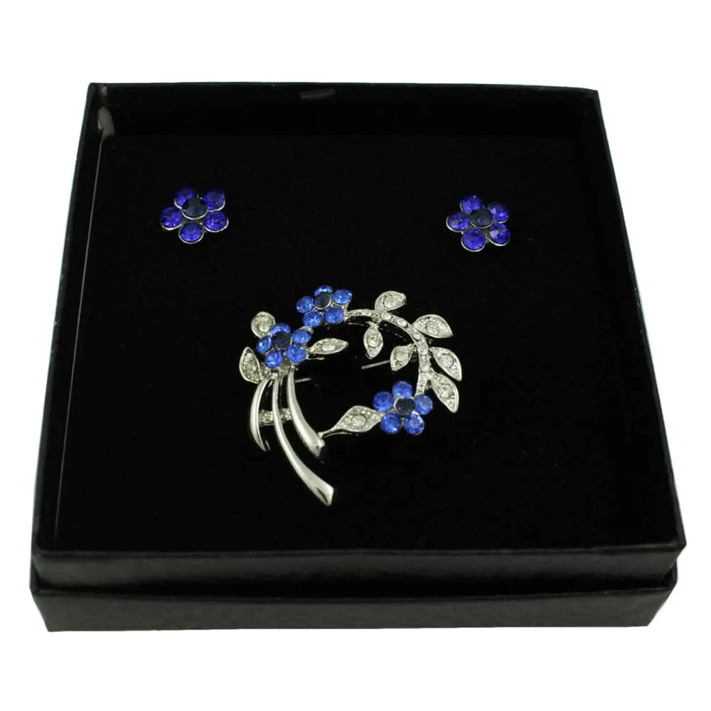Royal Blue Crystal Daisies Brooch Pin with Earring Set - PRL123BS