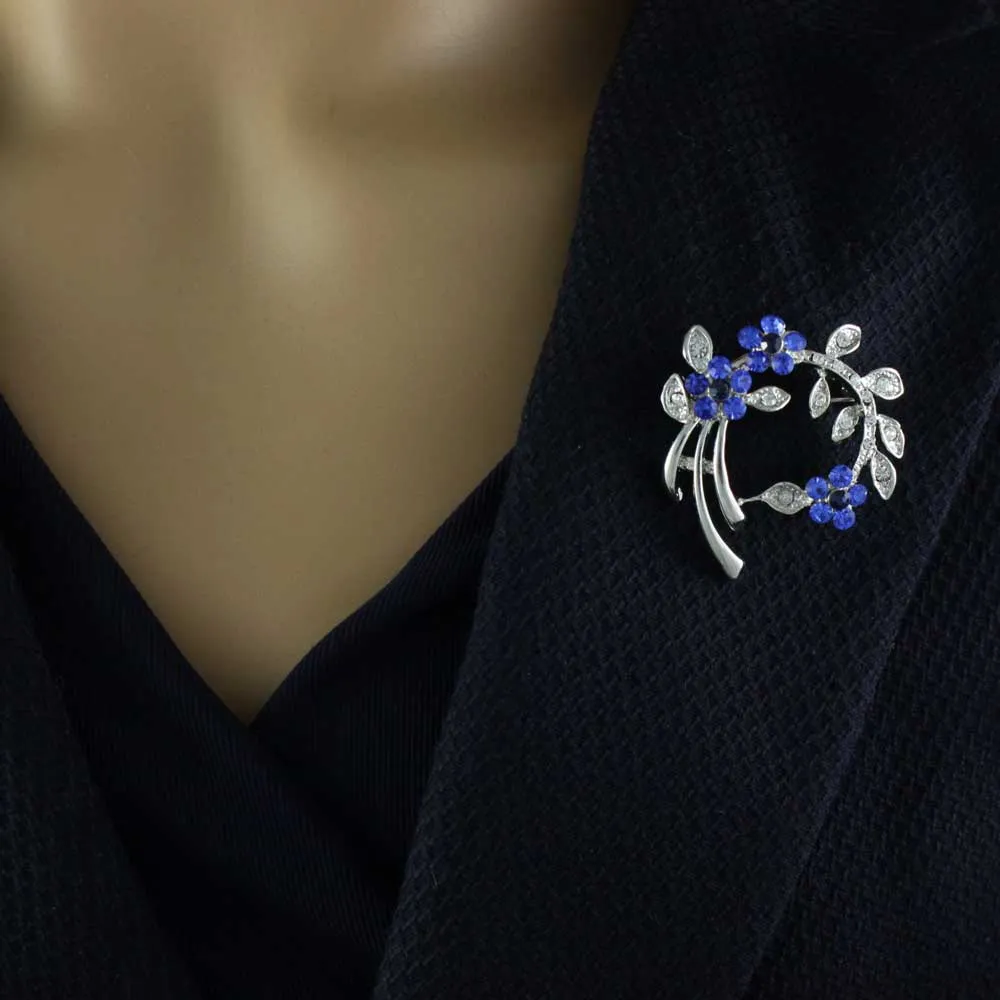 Royal Blue Crystal Daisies Brooch Pin with Earring Set - PRL123BS