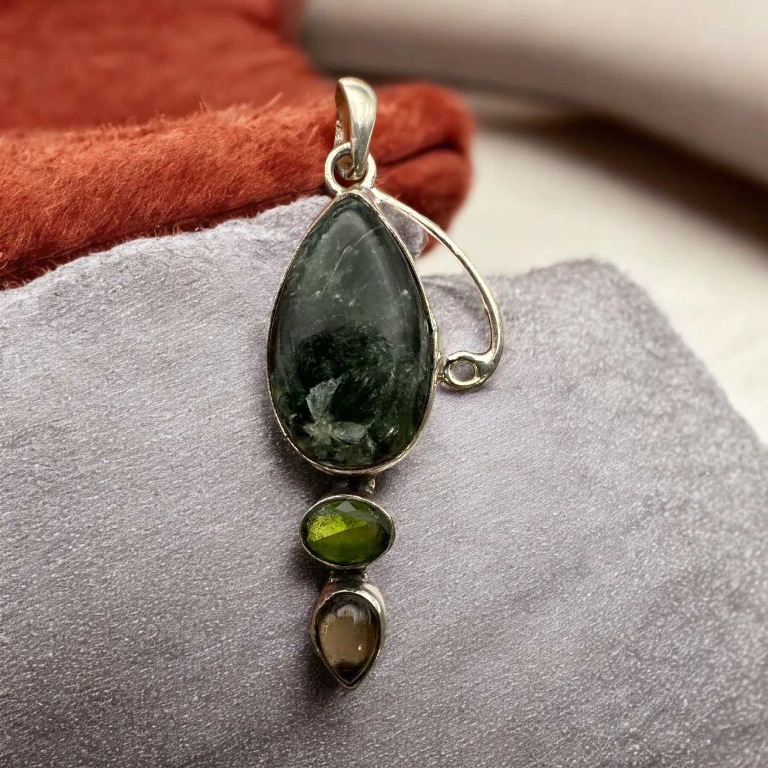 Seraphinite Peridot & Smoky Topaz Solid 925 Sterling Silver Pendant