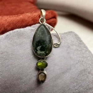 Seraphinite Peridot & Smoky Topaz Solid 925 Sterling Silver Pendant