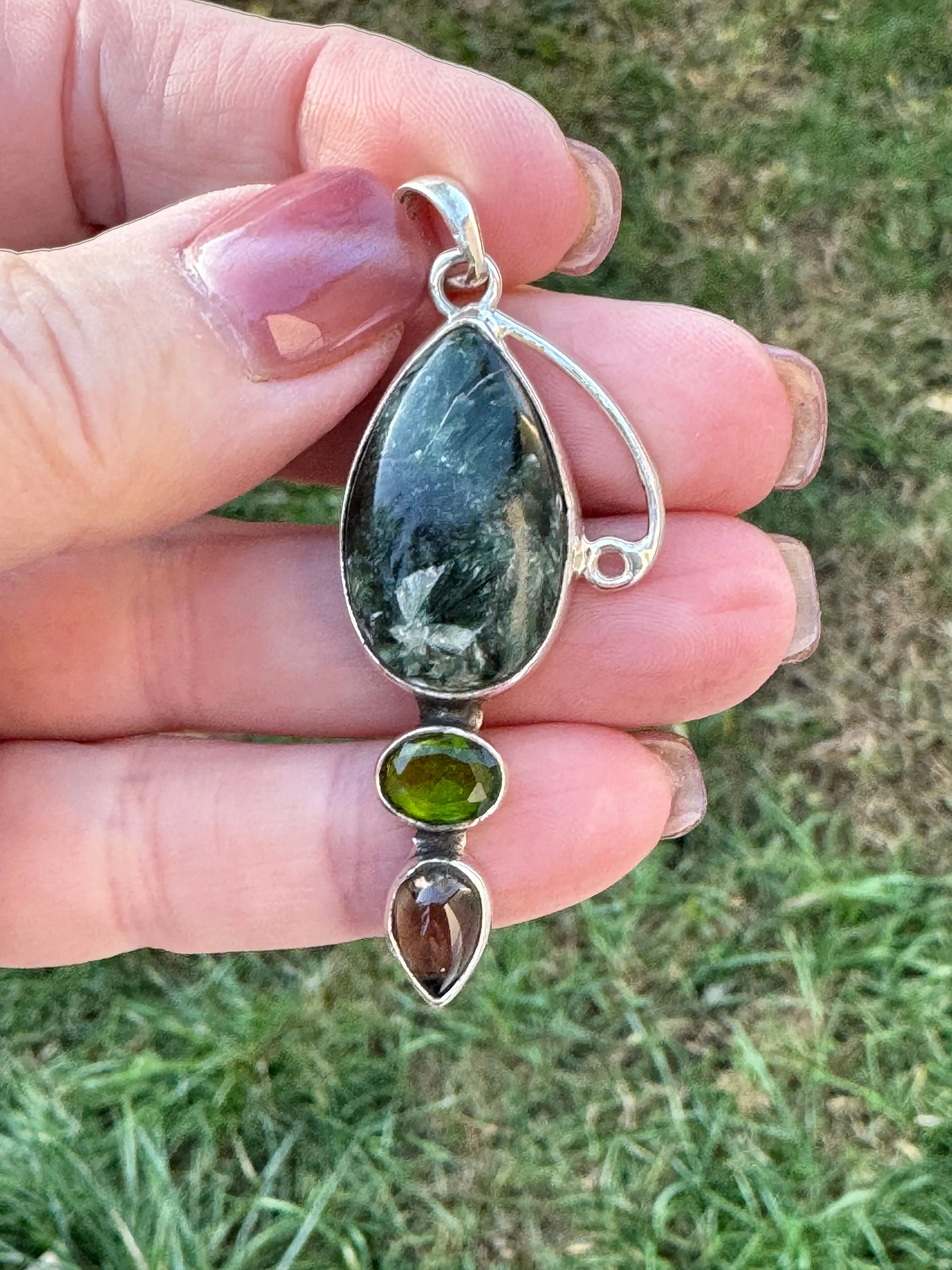 Seraphinite Peridot & Smoky Topaz Solid 925 Sterling Silver Pendant