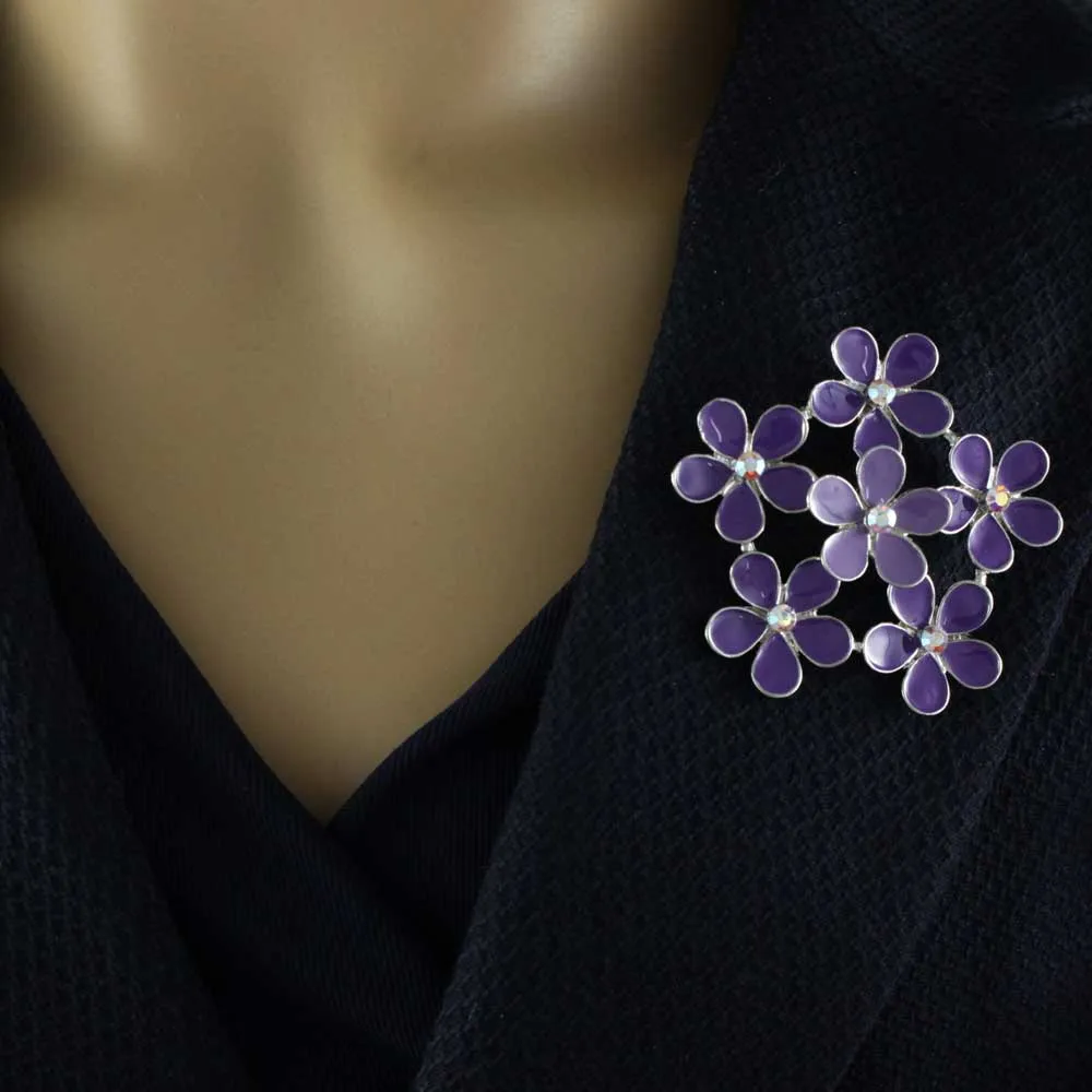 Shades of Purple Daisies Brooch Pin and Earring Set - PRL178BS