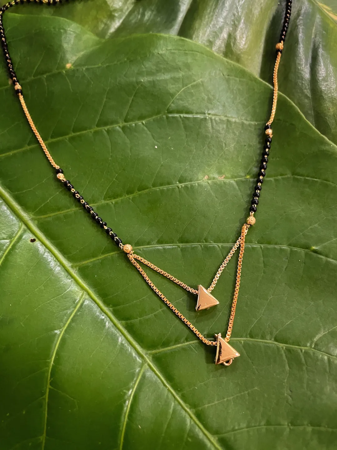 Short Mangalsutra Designs Gold Plated Triangle Shape Pendant Layered Pattern with Beads (19 Inches)