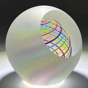 Signed Paul Harrie Contemporary Glass Art Paperweight With Spiral Rainbow Design and Faceted Frosted Surface