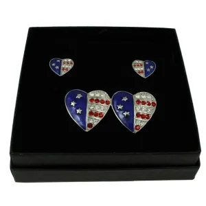 Silver Double Patriotic Hearts Brooch Pin and Earring Set - PRF354SBS