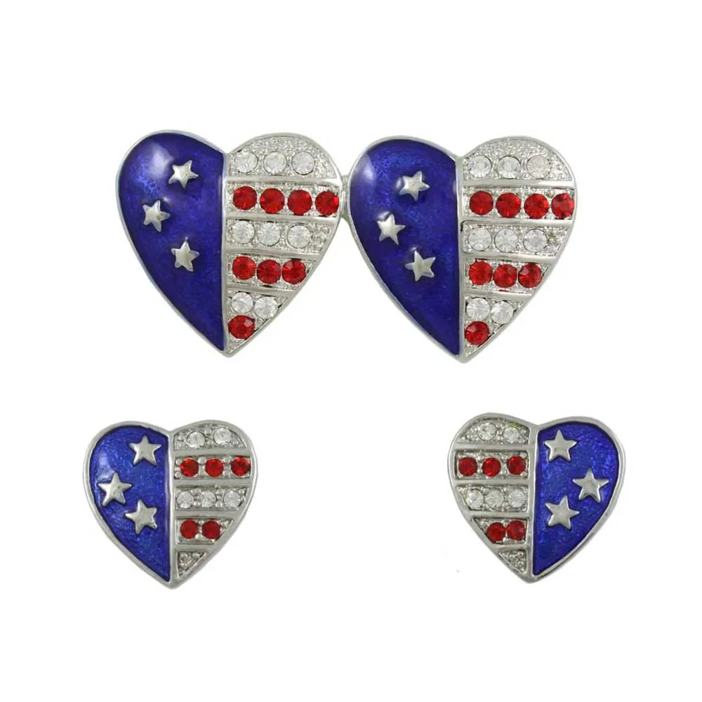 Silver Double Patriotic Hearts Brooch Pin and Earring Set - PRF354SBS
