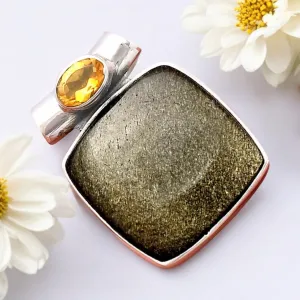 Silver Sheen Obsidian & Citrine Solid 925 Sterling Silver Pendant