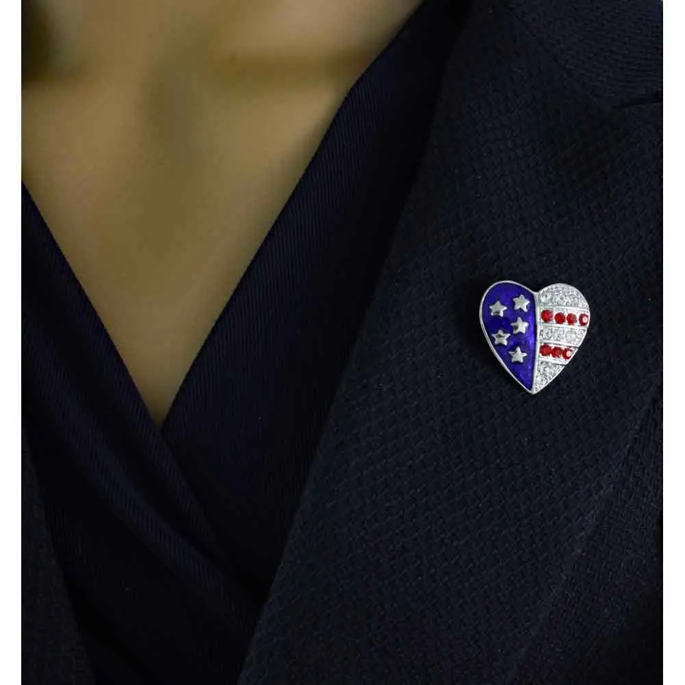 Silver Single Patriotic Heart Brooch Pin and Earring Gift Set - PRF353SBS