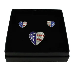 Silver Single Patriotic Heart Brooch Pin and Earring Gift Set - PRF353SBS