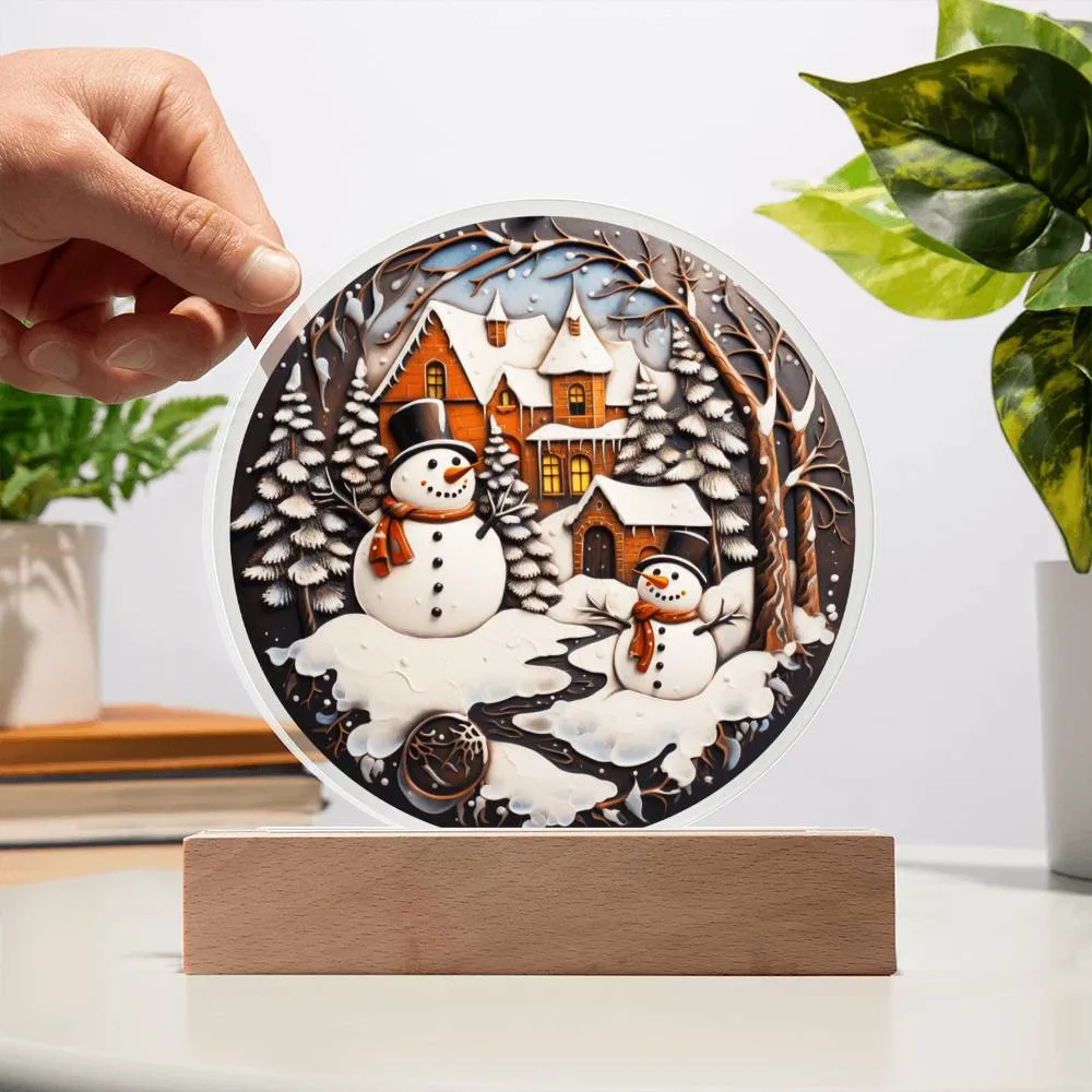 Snowman Christmas Winterland Circle Acrylic Plaque, Christmas Themed Decor