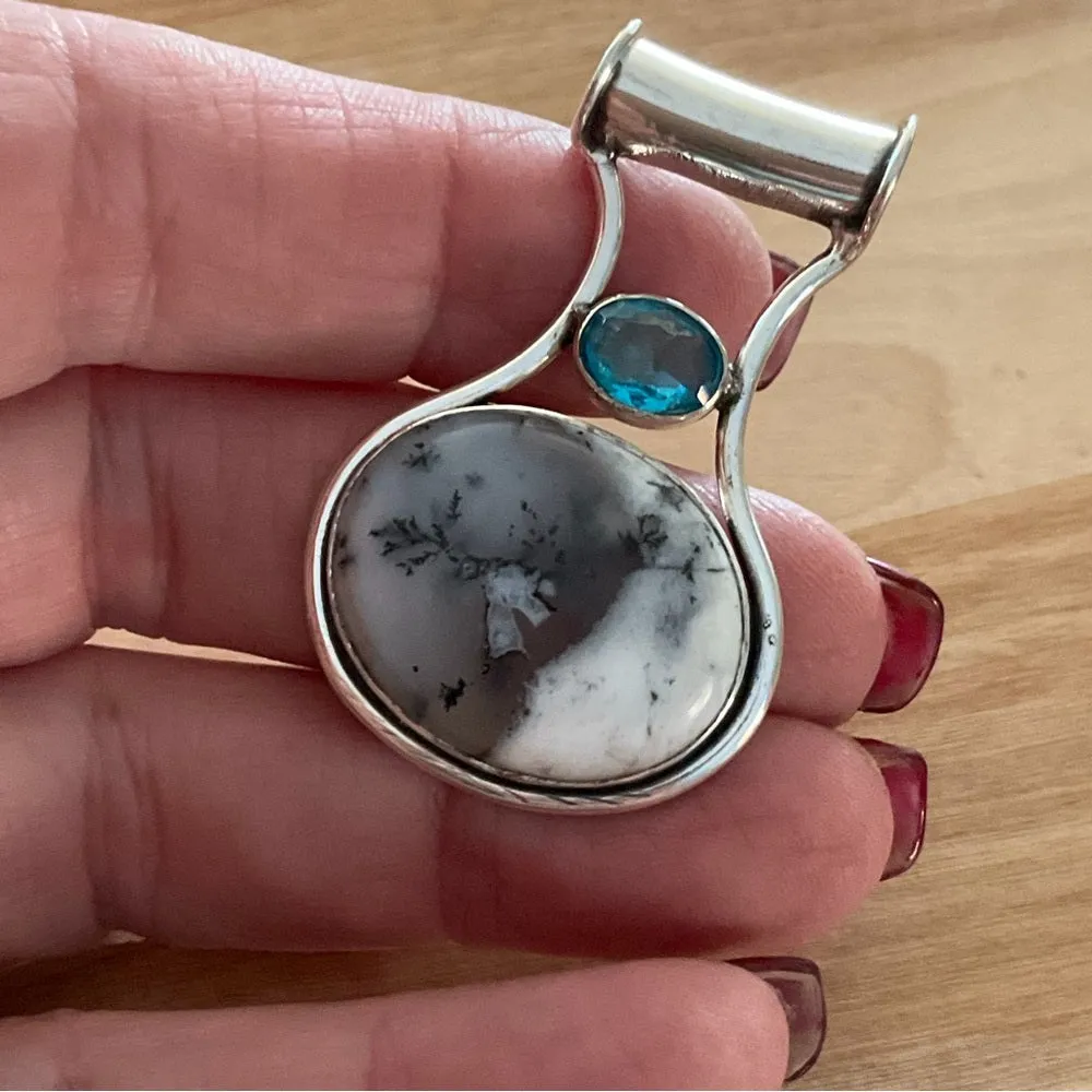 Solid 925 Sterling Silver Dendritic Opal & Blue Quartz Pendant