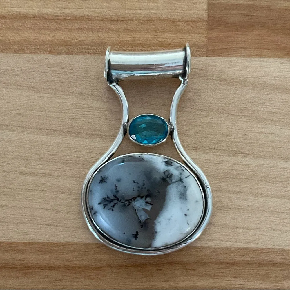 Solid 925 Sterling Silver Dendritic Opal & Blue Quartz Pendant