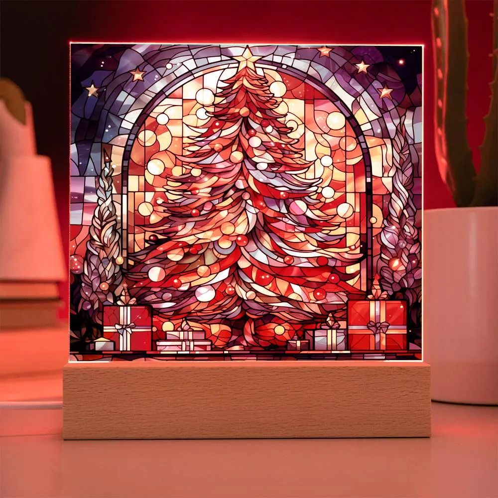 Stained Glass Style Christmas Tree  Square Acrylic Plaque, Christmas Themed Decor