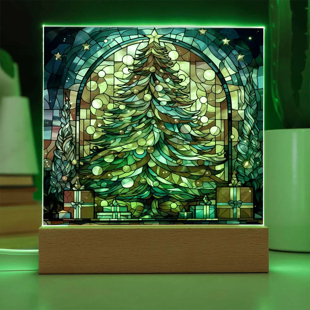 Stained Glass Style Christmas Tree  Square Acrylic Plaque, Christmas Themed Decor