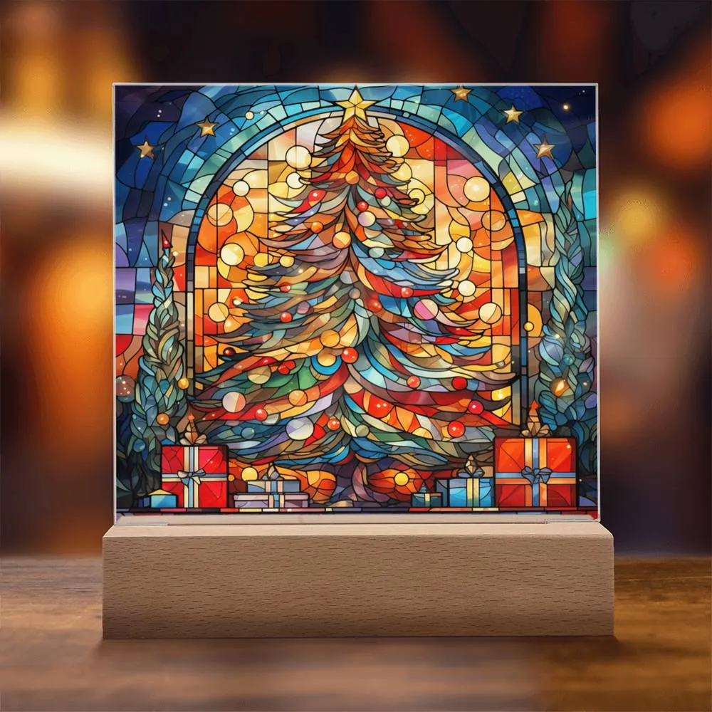 Stained Glass Style Christmas Tree  Square Acrylic Plaque, Christmas Themed Decor