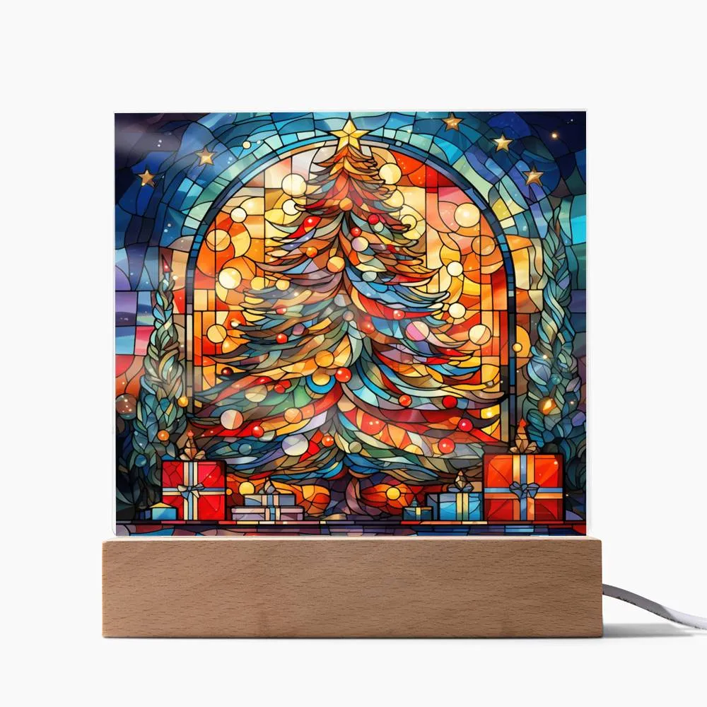 Stained Glass Style Christmas Tree  Square Acrylic Plaque, Christmas Themed Decor