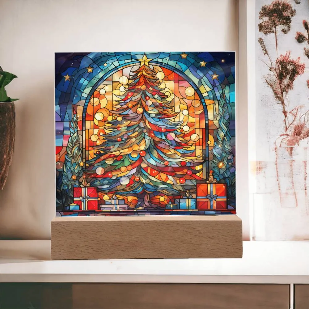 Stained Glass Style Christmas Tree  Square Acrylic Plaque, Christmas Themed Decor