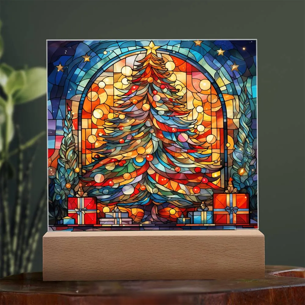 Stained Glass Style Christmas Tree  Square Acrylic Plaque, Christmas Themed Decor