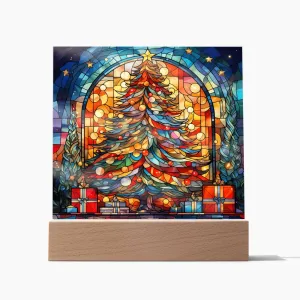 Stained Glass Style Christmas Tree  Square Acrylic Plaque, Christmas Themed Decor