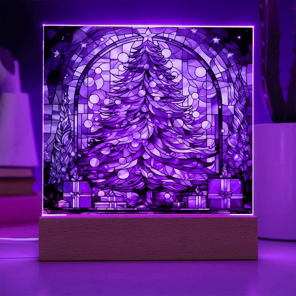 Stained Glass Style Christmas Tree  Square Acrylic Plaque, Christmas Themed Decor