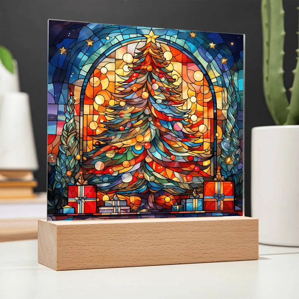 Stained Glass Style Christmas Tree  Square Acrylic Plaque, Christmas Themed Decor