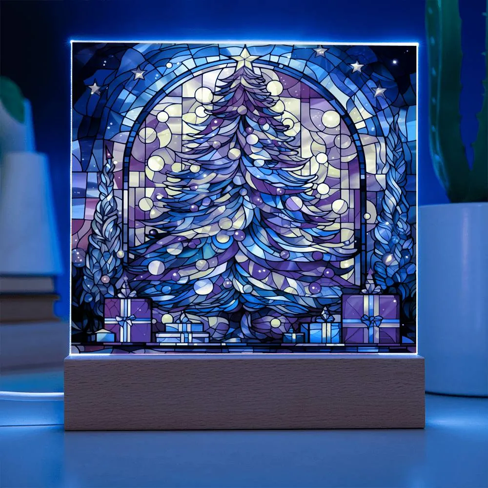 Stained Glass Style Christmas Tree  Square Acrylic Plaque, Christmas Themed Decor