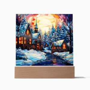Stained Glass Style Christmas Village Square Acrylic Plaque, Christmas Themed Decor
